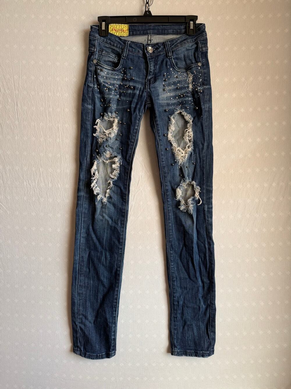 Machine Jeans Womens Y2K Destroyed Skinny Rhinestone Studded